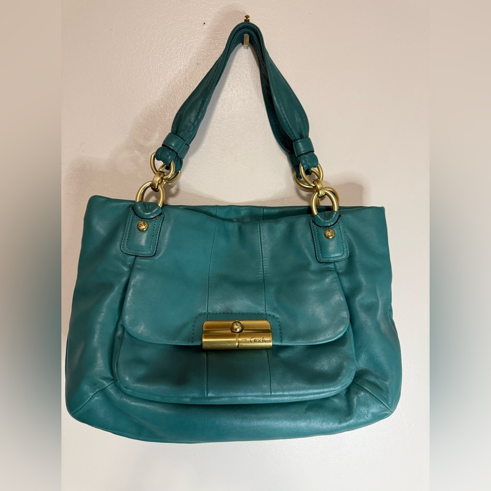 Coach #16814 Kristen Teal Leather Shoulder Tote Bag with Gold Hardware